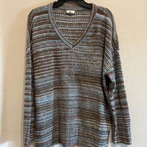 Cozy V-Neck Striped Pullover Sweater in Blue and Brown